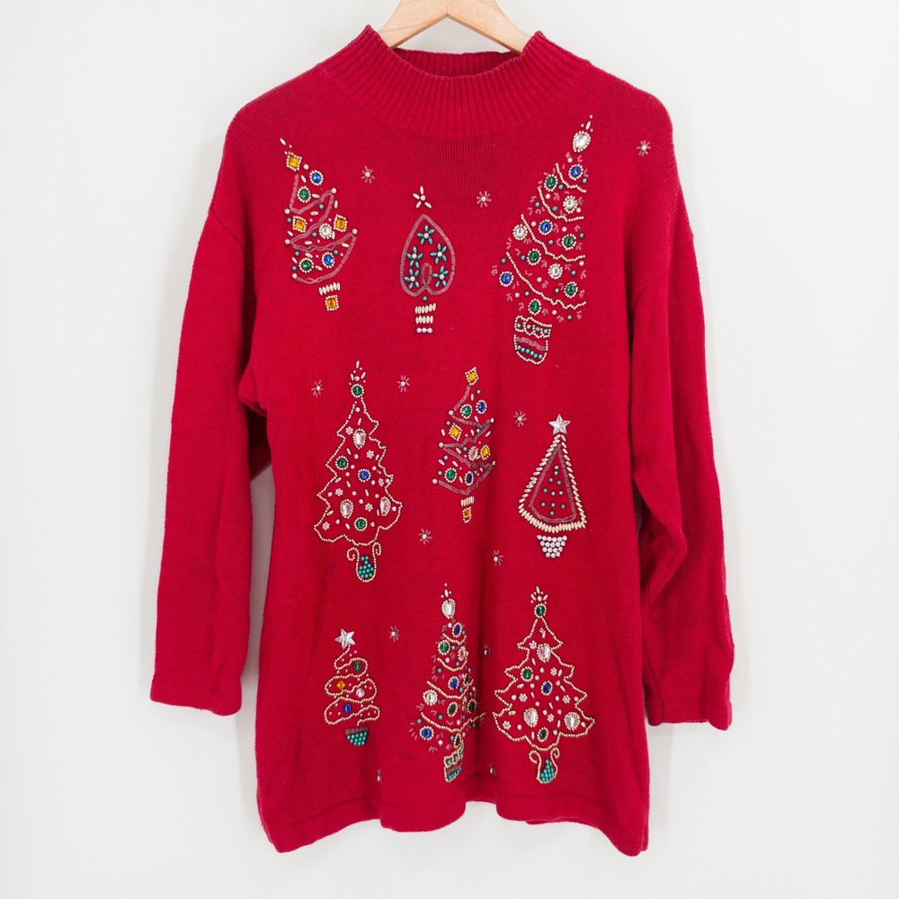Victoria Jones Christmas Sweater Women M Red Beaded Tree Vintage 90s Holiday